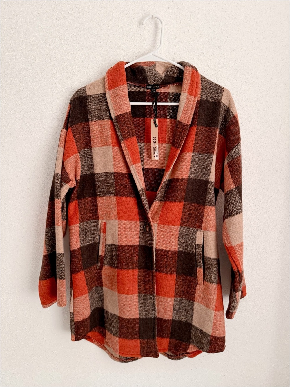 Cozy Plaid Open-Front Jacket - Orange & Brown